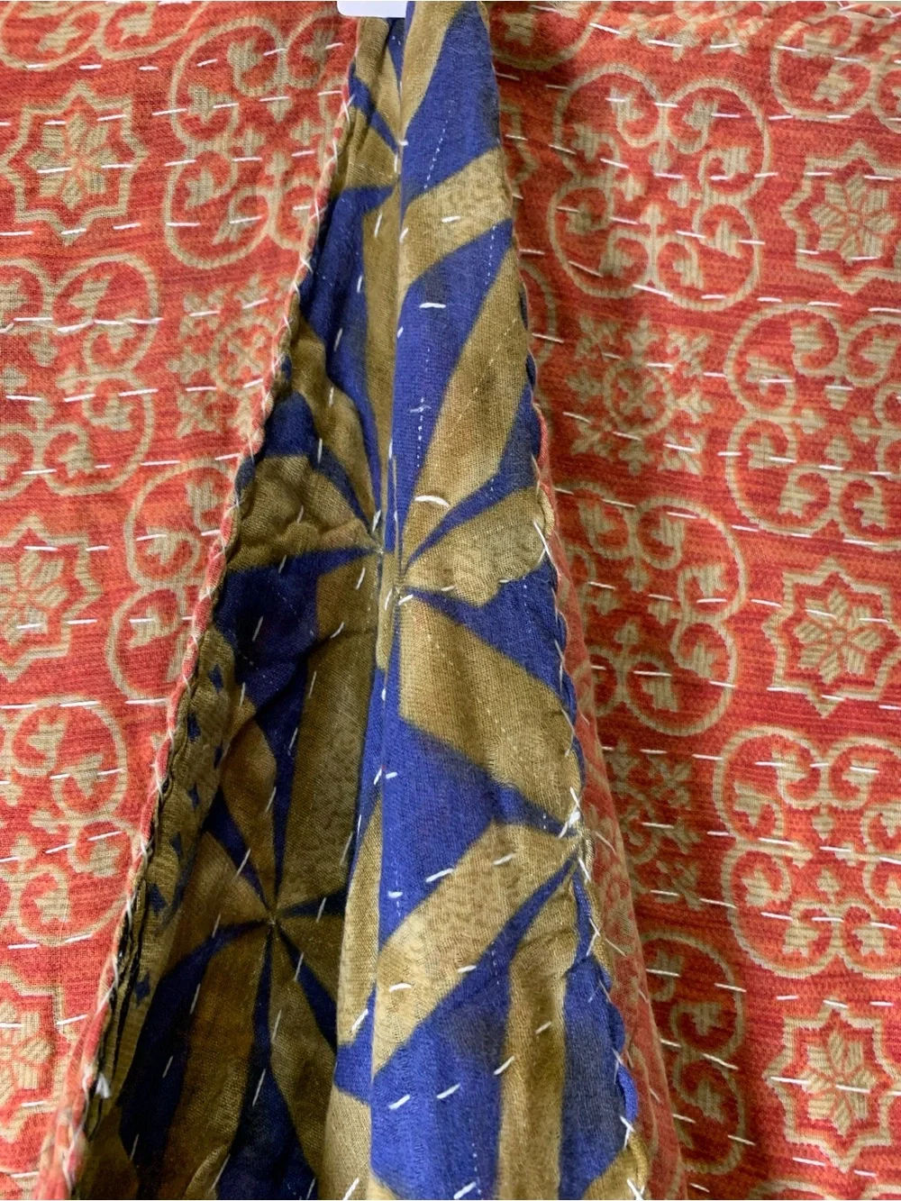 Handmade Kantha Quilt Twin Size Recycled Sari Cotton Blue Gold Orange Red